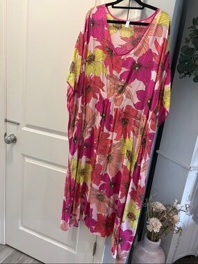 Floral V-Neck Sleep Caftan in Pink & Yellow